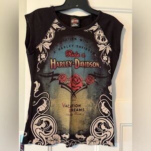Harley-Davidson Vacation Dreams Black with multi-colored print tee, size large